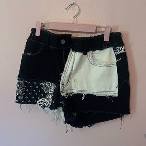 bandana split color black and white jean shorts